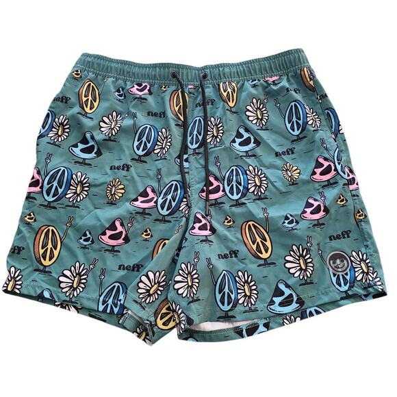 Neff Green Peace Mushroom Print Swim Trunks Size XL - Picture 1 of 4